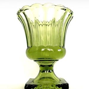 Vintage Indiana Pressed Green Glass Pedestal Vase Square Base Scalloped Rim 6"